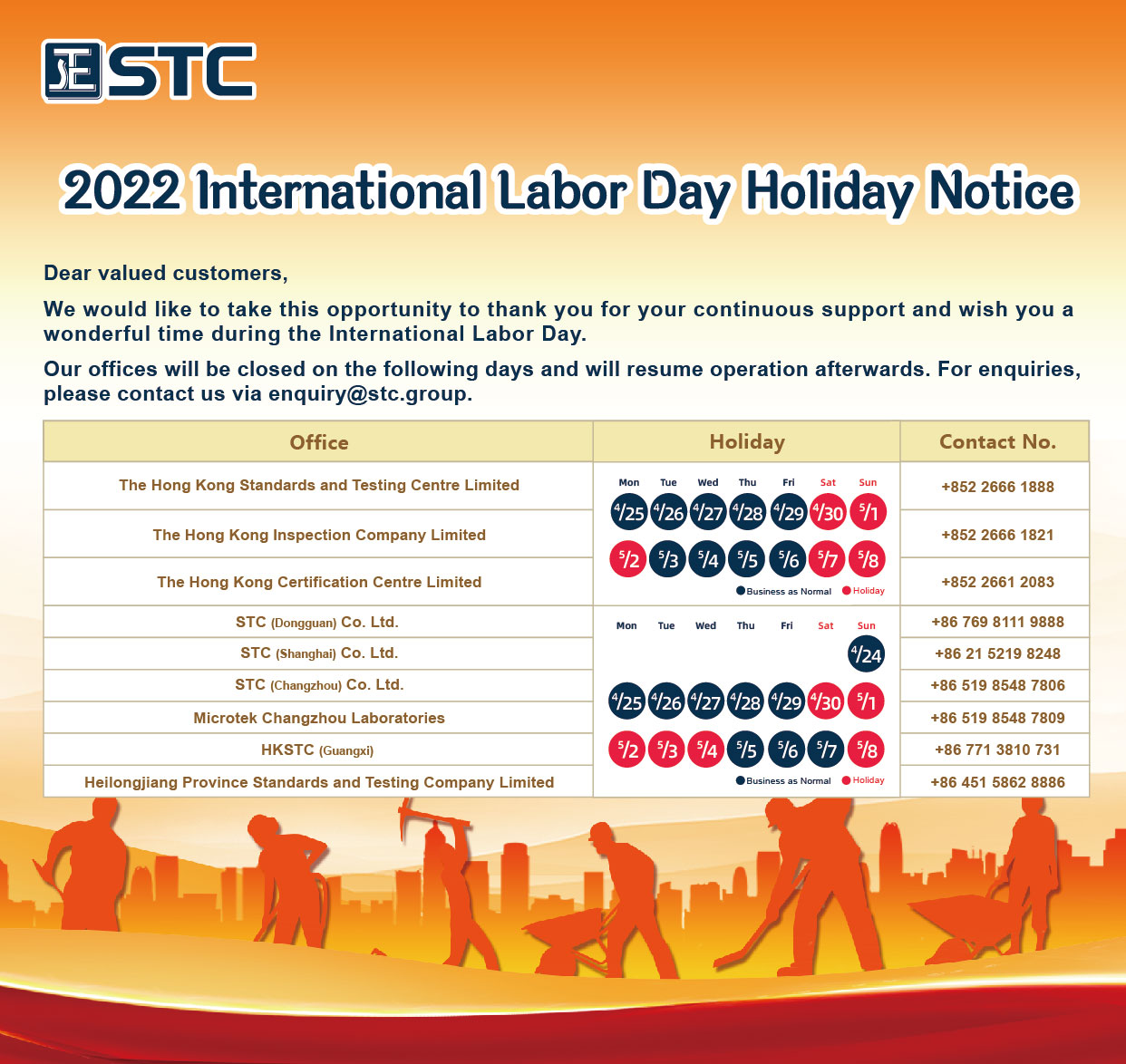 2022 International Labor Day Holiday Notice